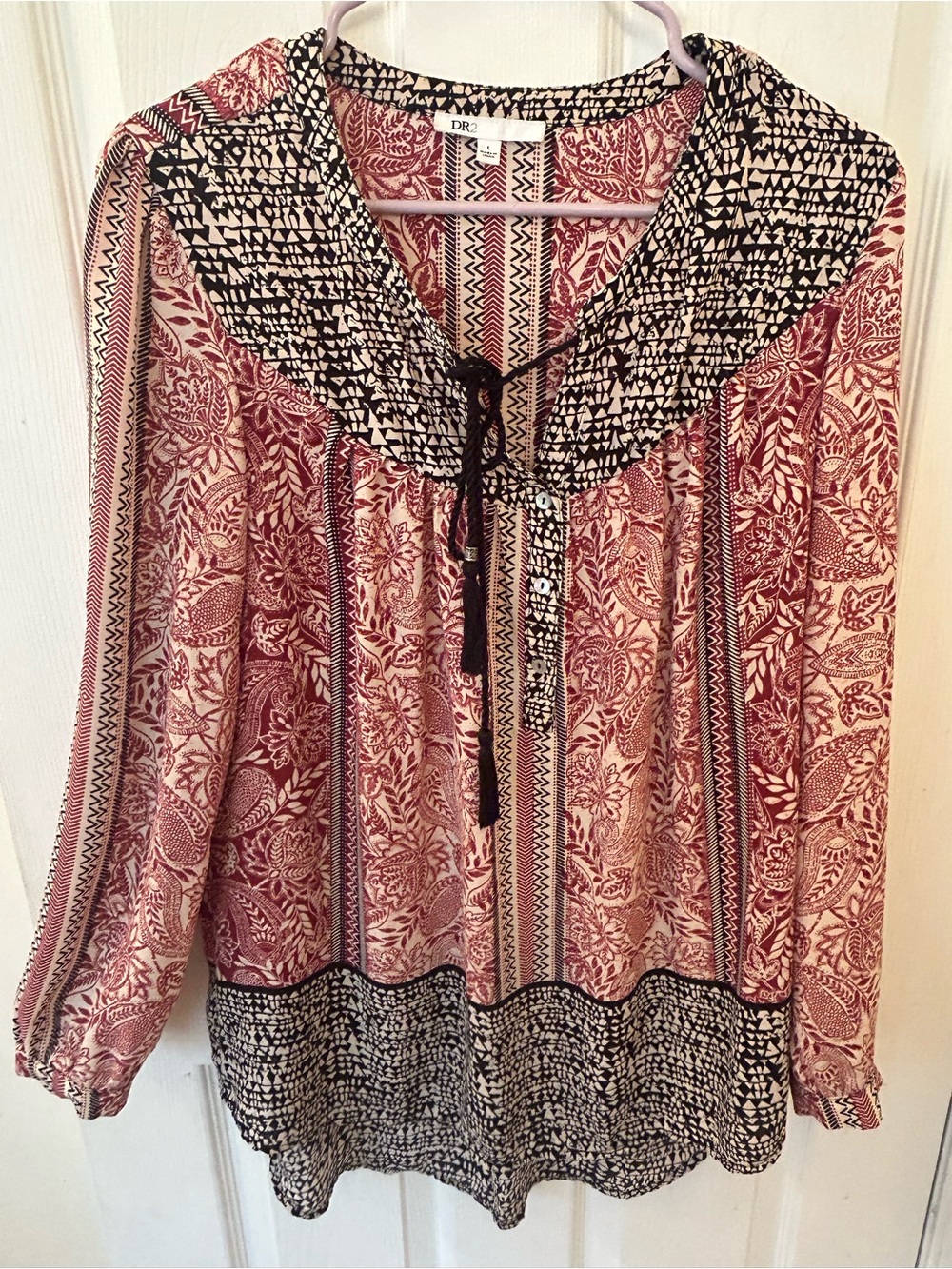 DR2 Pink and Black Printed Peasant Tunic